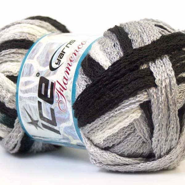 ICE ruffle scarf knitting yarn, 1 skein 100 gr, supply knit FLAMENCO scarf yarn, pattern is sent to the instruction black, grey, white