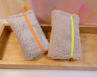 Mini foldable teddy fabric bag | Small organizer with elastic band | Fluffy foldable pouch | Cozy cosmetic bag, gift for a girlfriend