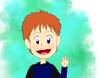 May include: A cartoon illustration of a young person with orange hair, wearing a blue and black striped shirt, waving with a bright smile against a green and blue watercolor background.