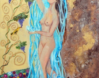 Summer Splash - Art Nouveau - Matted Print 8x10 . Female Nude Artwork, like Klimt Tree of Life, Fine art nude fantasy painting, Alla Gerzon
