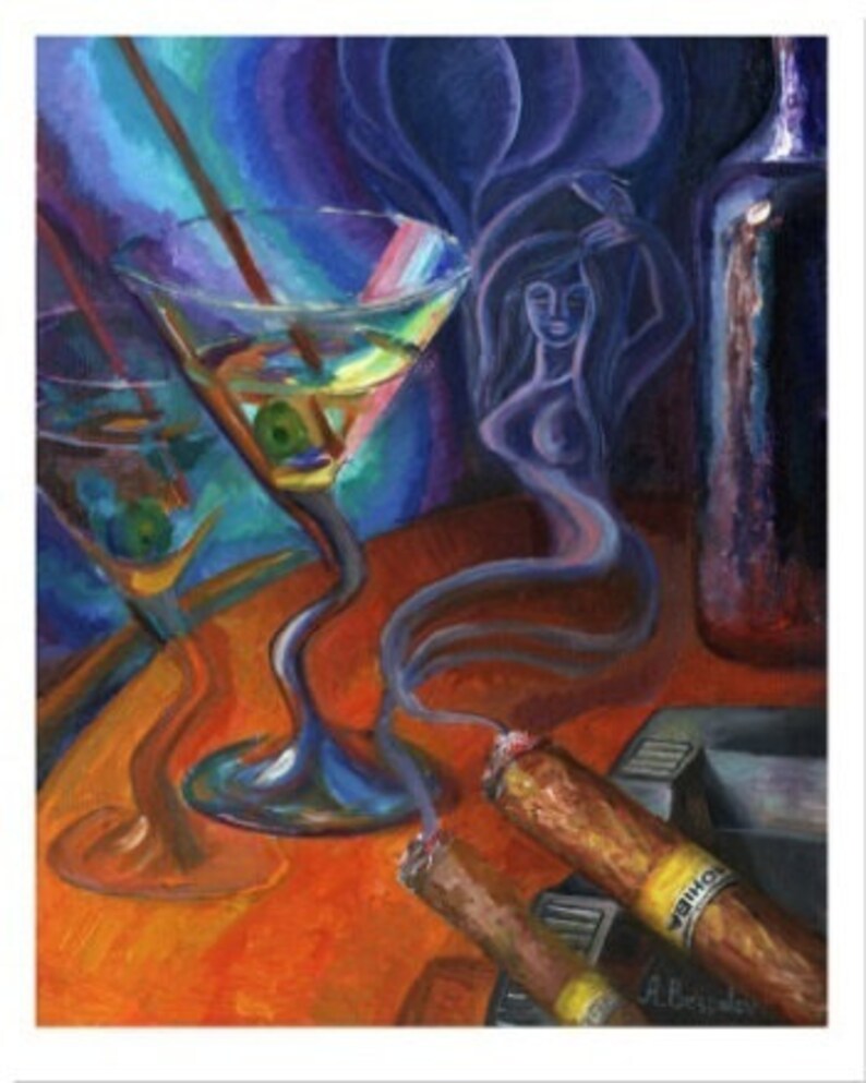 Drunk Illusions PRINT or CANVAS Art, Bar Art, Kitchen Wall Decor, Martini Glass, Sexy Woman, Cigar image 1