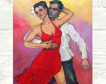 Salsa Dancing Couple Art Print, Passionate Latin Lovers, 8x10 Matted Print by Alla Gerzon