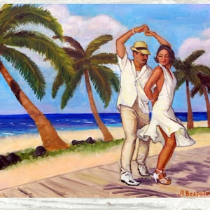 Salsa en la Playa PRINT or CANVAS Salsa Art. Salsa dancers on the Beach Art. Beach House Decor