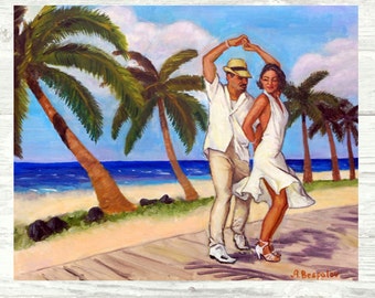 Salsa en la Playa PRINT or CANVAS Salsa Art. Salsa dancers on the Beach Art. Beach House Decor