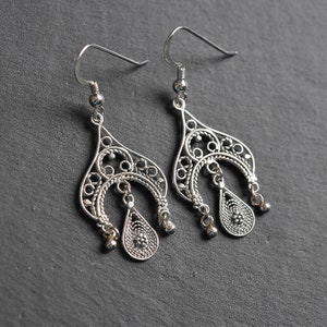 Silver chandelier earrings, Filigree Ethnic earrings, Boho earrings