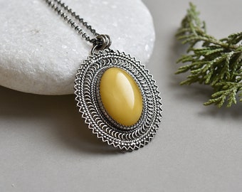 Amber silver pendant,Baltic Amber necklace,Oval filigree pendant