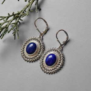 Lapis Lazuli earrings, silver filigree earrings, oval ethnic earrings