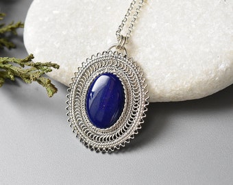 Lapis Lazuli Silver necklace,oval necklace,royal blue pendant