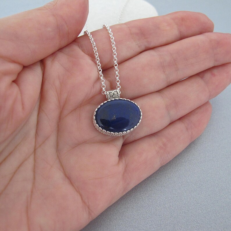 lapis jewelry Cobalt blue oval necklace,Silver necklace unisex necklace Blue Lapis pendant
