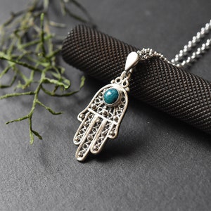 Hamsa Silver Necklace, Fatima Hand Necklace, Evil eye pendant, Protection necklace