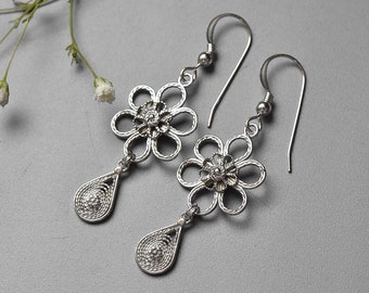 Boucles d’oreilles en filigrane en argent fleur, boucles d’oreilles pendantes