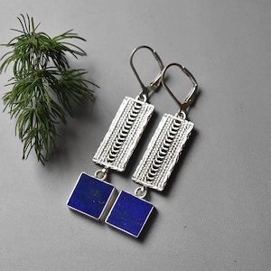 Silver Dangle Earrings with Lapis Lazuli and Intricate Engraving, long silver filigree earrings