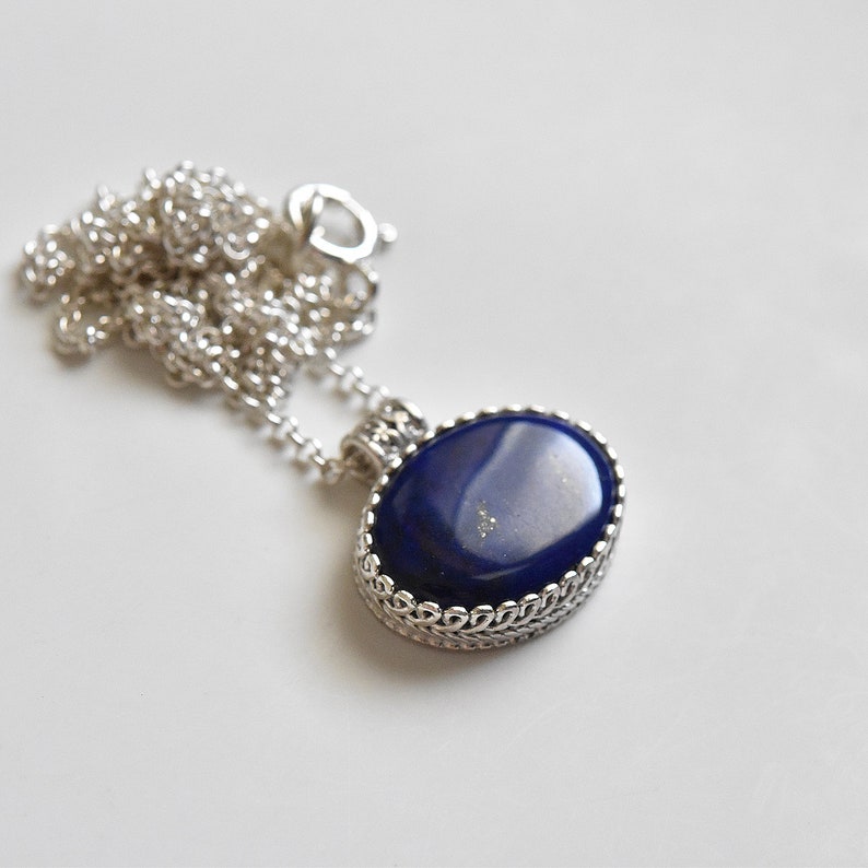 lapis jewelry Cobalt blue oval necklace,Silver necklace unisex necklace Blue Lapis pendant