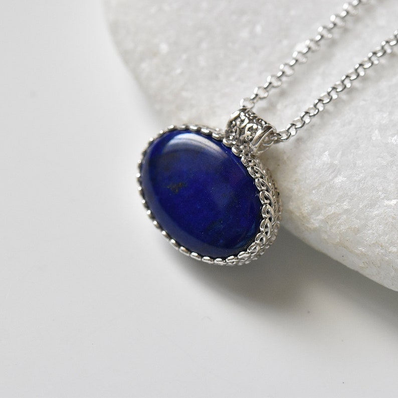 lapis jewelry Cobalt blue oval necklace,Silver necklace unisex necklace Blue Lapis pendant