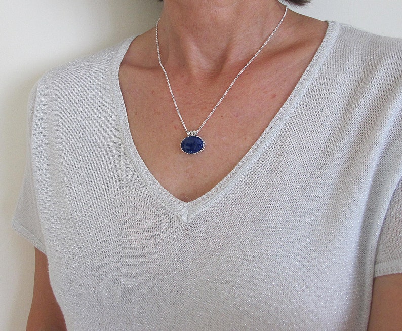 lapis jewelry Cobalt blue oval necklace,Silver necklace unisex necklace Blue Lapis pendant
