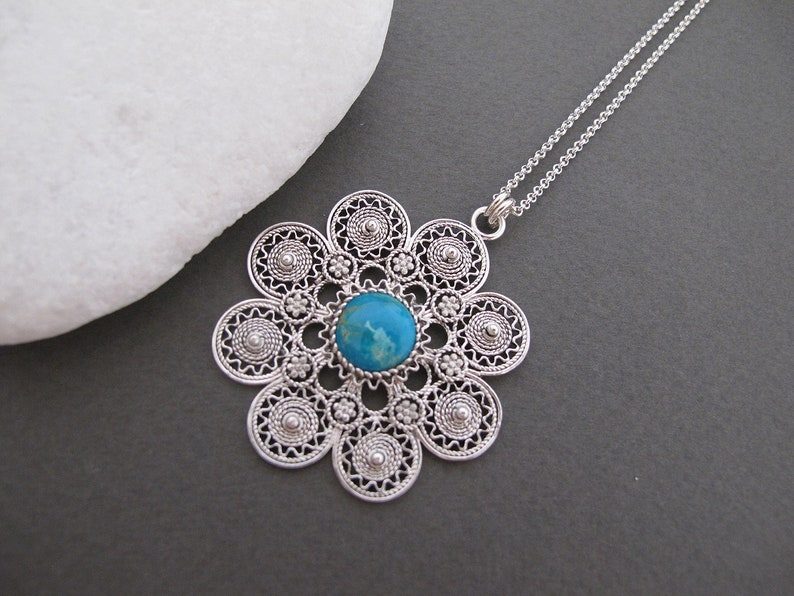 Silver pendant Statement necklace gift for wife turquoise pendant Flower necklace Turquoise necklace Silver filigree necklace