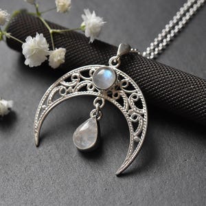 Lunitsa Moonstone Silver Filigree Necklace, femine power symbol, lunula pendant
