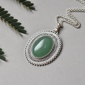 Aventurine Silver necklace,Filigree pendant,Oval necklace,Ethnic necklace,Israeli jewelry