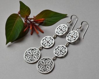 Long statement earrings,silver filigree earrings