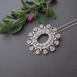 Oval Silver filigree necklace,long chain pendant,Yemenite filigree jewelry