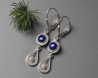 LAPIS BLUE EARRINGS, Chandelier earrings, Filigree Silver Earrings, Yemenite jewelry, Teardrop earrings