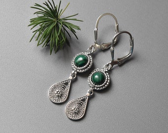 GREEN MALACHITE EARRINGS, Chandelier earrings, Filigree Silver Earrings, Yemenite jewelry, Teardrop earrings