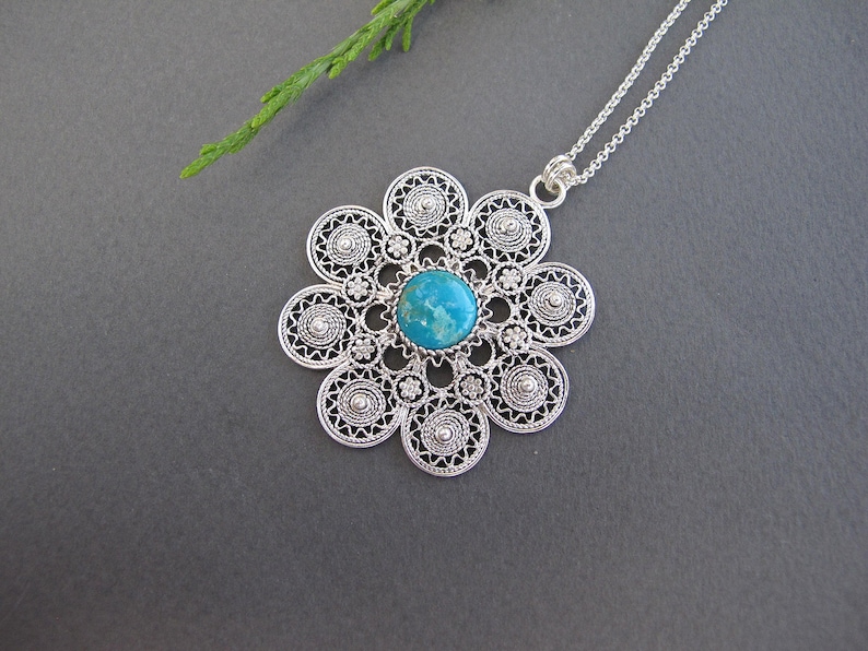 Silver pendant Statement necklace gift for wife turquoise pendant Flower necklace Turquoise necklace Silver filigree necklace