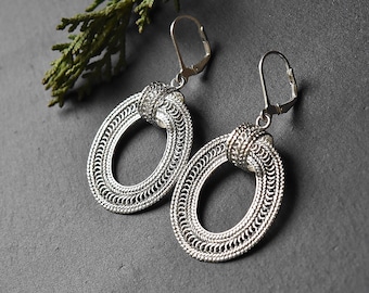 Oval Silver filigree earrings, Ethnic earrings