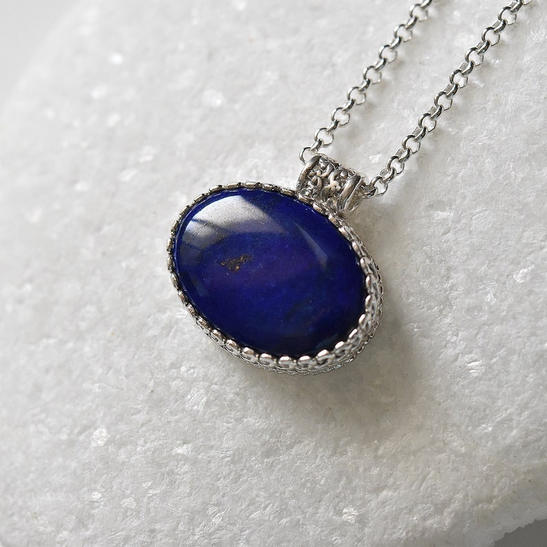 lapis jewelry Cobalt blue oval necklace,Silver necklace unisex necklace Blue Lapis pendant