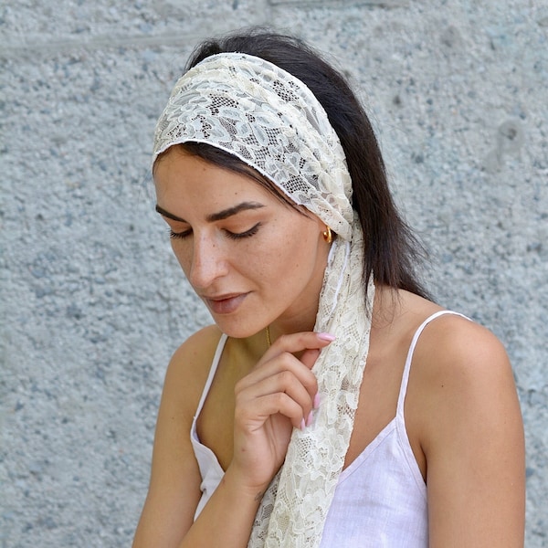 Ivory Floral Lace Headband Hair Scarf Womens Gifts Head Scarf, Hair Covering Long Hair Accessory, Tie Back Headscarf Vintage Summer Scarfes