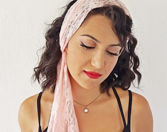 Blush Pink Lace Headband Hair Scarf Women Gift Head Scarf, Hair Covering Long Hair Accessory, Tie Back Headscarf Retro Pink Summer Scarfes