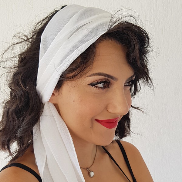 Bandeau en mousseline de soie blanc cassé foulard femme cadeau foulard, couvre-cheveux accessoire cheveux longs cravate foulard rétro blanc d'été