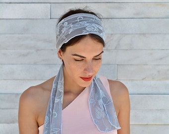 Grey Lace Headband Hair Scarf Women Gift Head Scarf, Hair Covering Gipsy Hair Accessory Blue, Hippie Headscarf Pink Summer Head Accessories