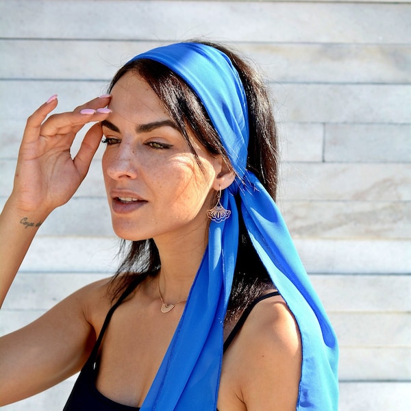 Royal Blue Head Scarf Chiffon Modern Boho Hair Wrap Girl Headband Head Scarf Hair Tie Headcovering Boho Head Covering Retro Hair Accessories