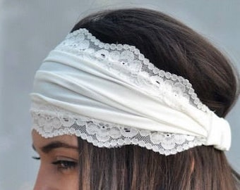 Ivory Bandana Headband Elastic Headband Fitness Headband, Vintage Turban Headband Elastic Jersey Headband Lace Ivory Headband Bandana Turban