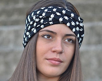 Black Headband,  Skull  Headband, Women Headband, Bohemian Turban, Skull Hair Accessory , Fashion Accessory, Twist Turban, Workout Turban