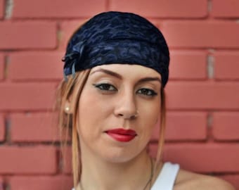 Velvet Navy Blue Elastic Headband, Flower Fabric Blue Headband, Floral Headband Womens Turban, Velvet Turban Womens Headband Hair Accesories