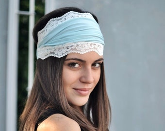 Bohemian Headband Hair Accessories, Womens Accessories Womens Turban, Elastic Jersey Headband, Lace Headband, Pale Blue Headband For Womens