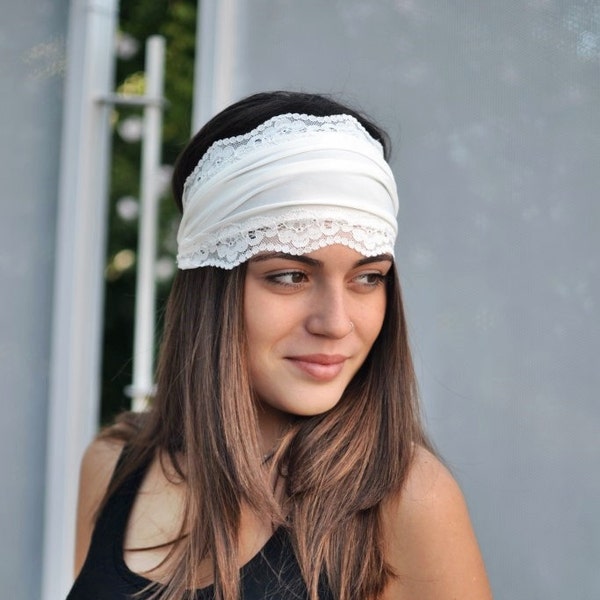 Ivory Bandana Yoga Soft Elastic Unique Fitness Headband Vintage Turban Headband Elastic Jersey Lace Summer Womens Headband Ivory Head band