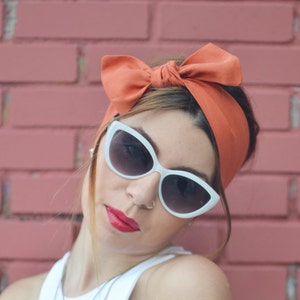 Orange Head Scarf, Orange Head Bow, Bow Headbands, Woman Top Knot, Linen Head Wrap, Pin Up Headband, Bow Headband, Unique Gift, Women Scarf image 1