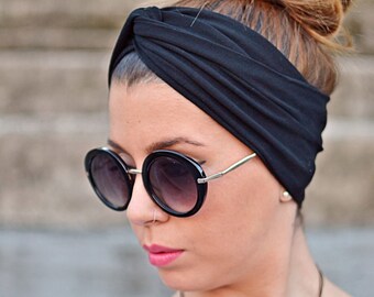 Black Cotton Yoga Workout Twist Boho Headband Turban, Bohemian Elastic Womens Headband, Goth Womens Head Accessories, Black Head Wrap Adult