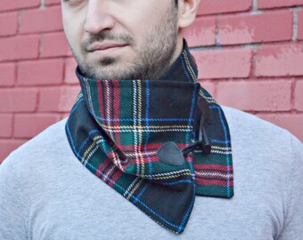 Wool Plaid Mens Scarf Black Winter Neckwarmer Double Sided Scarf Gift For Mens, Womens Scarf Handmade Unisex Neckwarmer Black Plaid Scarves