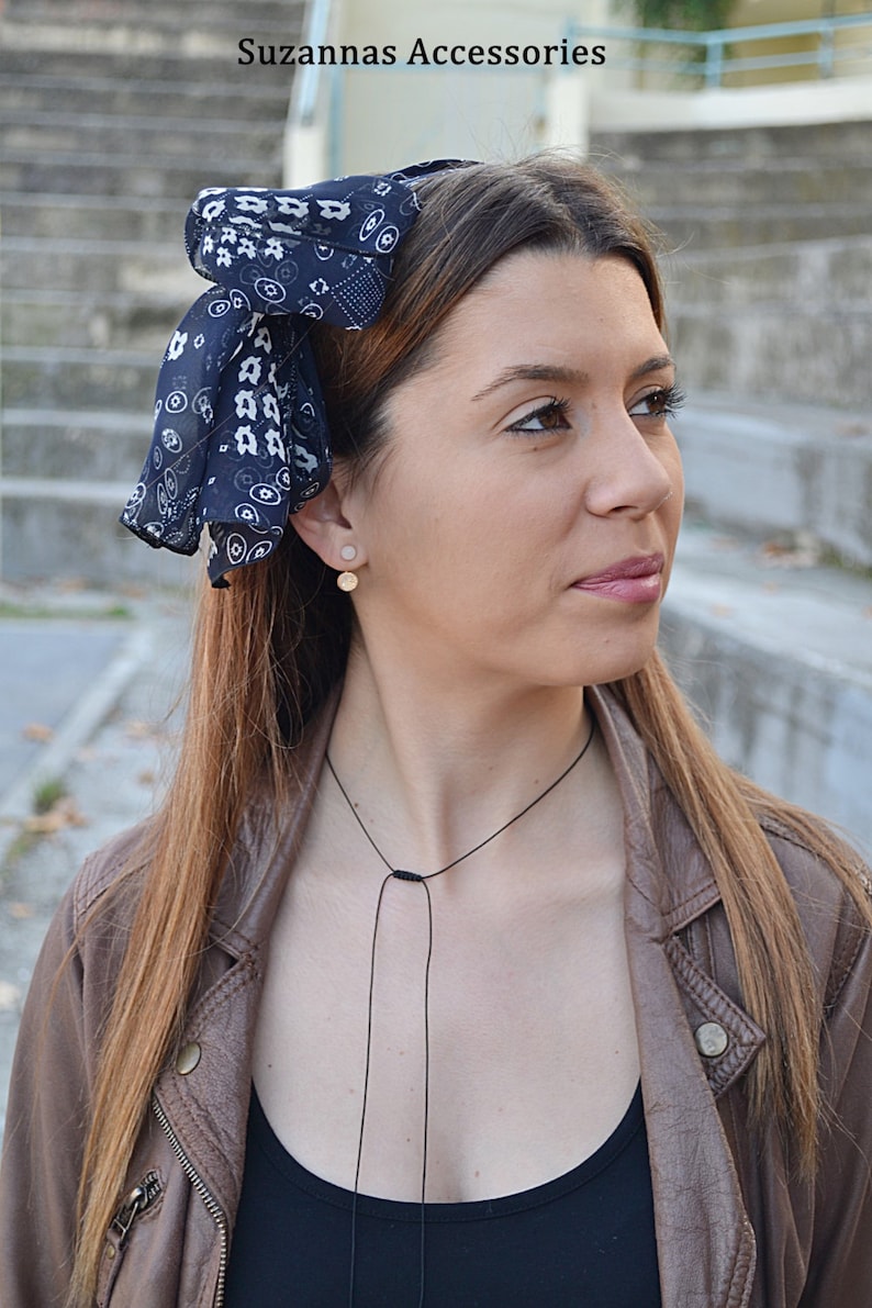Navy Blue Headband Vintage, Navy Blue Chiffon Hair Scarf, Women Head