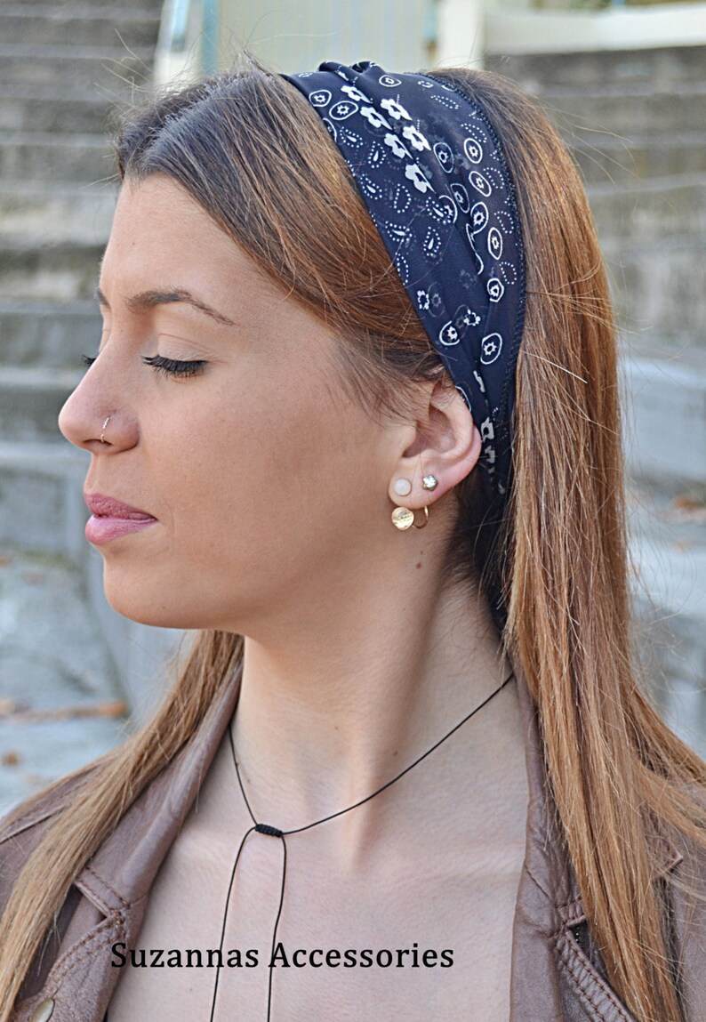 Navy Blue Headband Vintage, Navy Blue Chiffon Hair Scarf, Women Head