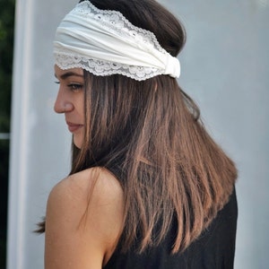 Ivory Bandana Yoga Soft Elastic Unique Fitness Headband Vintage Turban Headband Elastic Jersey Lace Summer Womens Headband Ivory Head band image 4