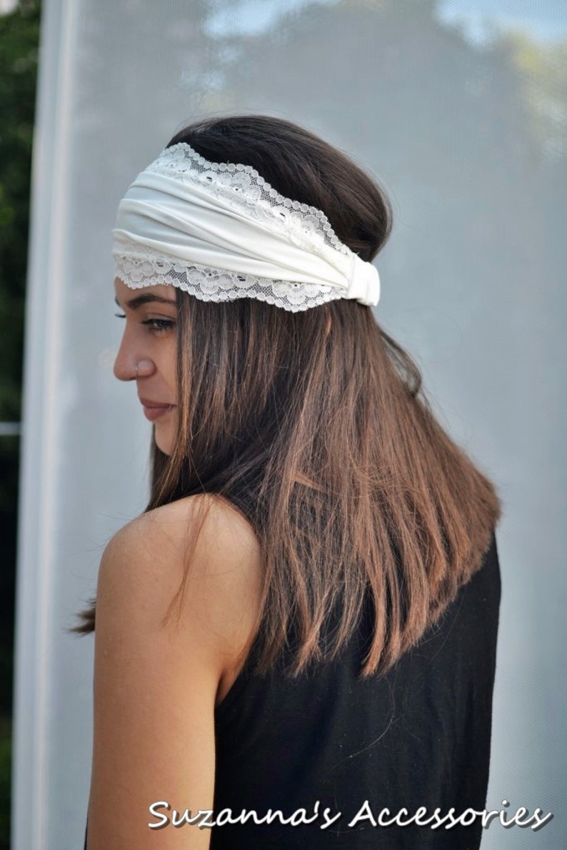 Ivory Bandana Yoga Soft Elastic Unique Fitness Headband Vintage Turban Headband Elastic Jersey Lace Summer Womens Headband Ivory Head band image 4