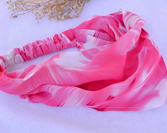 Pink White Bandana Head Wrap Gift for Women, Wide Headband, Boho, Hair Loss, Yoga, Turban Headband, Abstract Print Head Band Pink Head Scarf