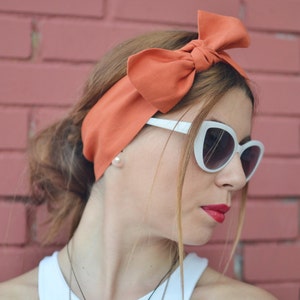Orange Head Scarf, Orange Head Bow, Bow Headbands, Woman Top Knot, Linen Head Wrap, Pin Up Headband, Bow Headband, Unique Gift, Women Scarf image 4