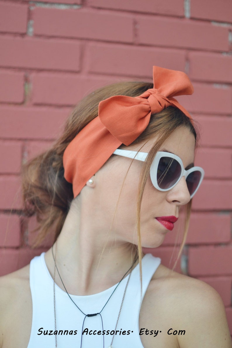 Orange Head Scarf, Orange Head Bow, Bow Headbands, Woman Top Knot, Linen Head Wrap, Pin Up Headband, Bow Headband, Unique Gift, Women Scarf image 4