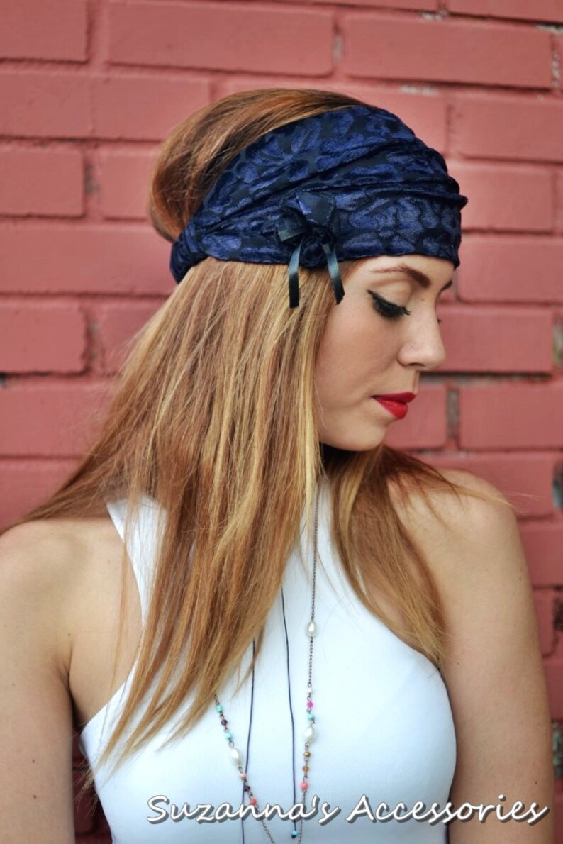Navy Blue Headwrap, Floral Headband, Velvet Headwrap, Elastic Headband